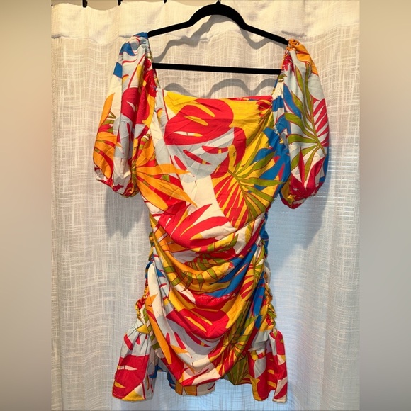 Flying Tomato Womens Sz L Mini Dress Colorful Vacation Tropical Puff Sleeve - Picture 6 of 12